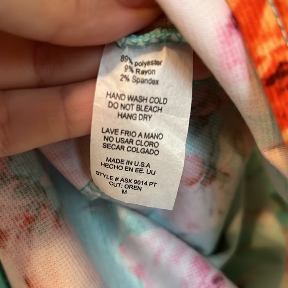 SOLD - Azules Floral Orange/Pink/Teal Pencil Skirt Medium Mint Green Peony Rose - Picture 4 of 5